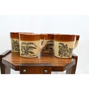 Holt Howard Brown Stoneware Mugs Set of 4 Vintage Victory Eagle Fire Carriage